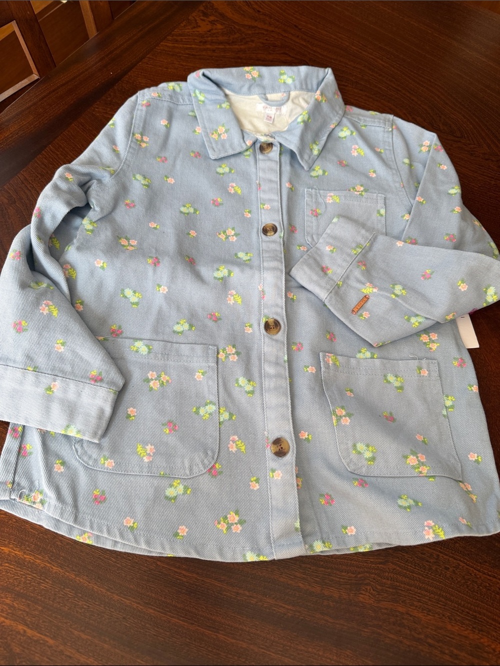 Tahari Light Blue Floral Button-Up cotton Jacket girl size 7/8